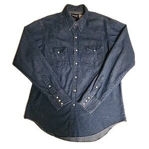 VTG 80s 90s Wrangler Mens Blue Denim Pearl Snap Shirt 17-36 Western Cowboy USA